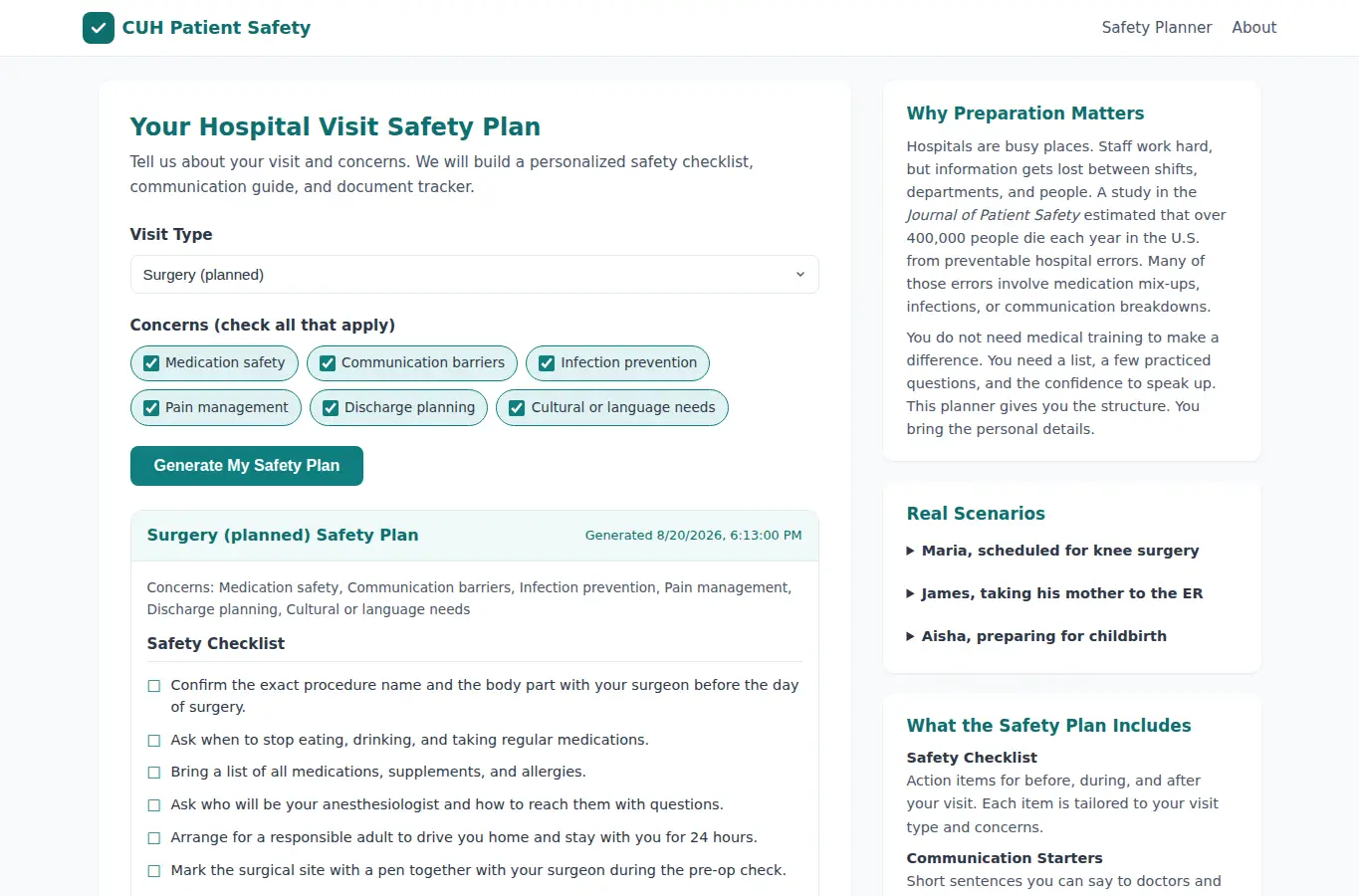 Screenshot of CUH Patient Safety – Hospital Visit Preparation & Advocacy interface showing the project page in use